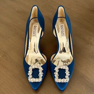 Badgley Mischka Royal Blue Satin Pointed D'Orsay Pumps with Crystal Buckles